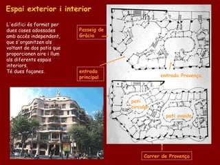 Espai exterior i interior

L'edifici és format per
dues cases adossades       Passeig de
amb accés independent,     Gràcia
que s'organitzen als
voltant de dos patis que
proporcionen aire i llum
als diferents espais
interiors.
Té dues façanes.           entrada
                           principal               entrada Provença




                                        pati
                                        circular
                                                     pati ovoide




                                             Carrer de Provença
 