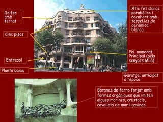 Àtic fet d’arcs
 Golfes                         parabòlics i
 amb                            recobert amb
 terrat                         tessel.les de
                                ceràmica
                                blanca
 Cinc pisos



                               Pis nomenat
                               Principal (pels
  Entresòl                     senyors Milà)

Planta baixa
                            Garatge, anticipat
                            a l’època

               Baranes de ferro forjat amb
               formes orgàniques que imiten
               algues marines, crustacis,
               cavallets de mar i gavines
 