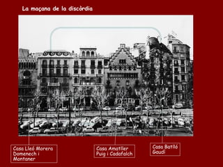 La maçana de la discòrdia




Casa Lleó Morera               Casa Amatller      Casa Batlló
Domenech i                     Puig i Cadafalch   Gaudí
Montaner
 