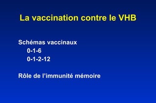 La vaccination contre le VHB Schémas vaccinaux 0-1-6 0-1-2-12 Rôle de l’immunité mémoire 