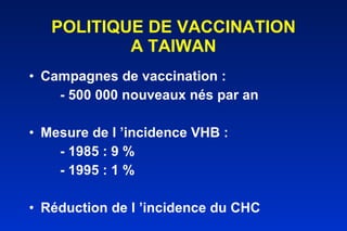 POLITIQUE DE VACCINATION A TAIWAN Campagnes de vaccination :  - 500 000 nouveaux nés par an Mesure de l ’incidence VHB :  - 1985 : 9 %  - 1995 : 1 % Réduction de l ’incidence du CHC 