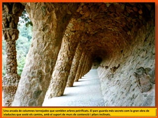 Una arcada de columnes tornejades que semblen arbres petrificats. El parc guarda més secrets com la gran obra de
viaductes que sosté els camins, amb el suport de murs de contenció i pilars inclinats.
 