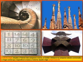 Escala de cargol, situades a l'interior dels campanars o torres, on també s'allotjaran les campanes tubulars connectades
a l'òrgan central que s'expandiran la música a l'exterior. Quadre màgic sempre suma 33.
 