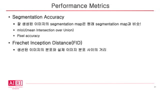 21
• Segmentation Accuracy
§ 잘 생성된 이미지의 segmentation map은 원래 segmentation map과 비슷!
§ mIoU(mean Intersection over Union)
§ Pixel accuracy
• Frechet Inception Distance(FID)
§ 생선된 이미지의 분포와 실제 이미지 분포 사이의 거리
Performance Metrics
 