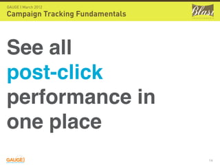 GAUGE | March 2012

Campaign Tracking Fundamentals



See all
post-click
performance in
one place
                                 14
 