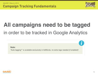 GAUGE | March 2012

Campaign Tracking Fundamentals




All campaigns need to be tagged
in order to be tracked in Google Analytics




                                             16
 