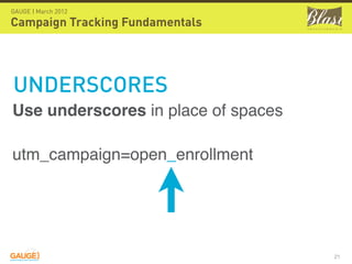 GAUGE | March 2012

Campaign Tracking Fundamentals




UNDERSCORES
Use underscores in place of spaces

utm_campaign=open_enrollment




                                     21
 