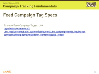 GAUGE | March 2012

Campaign Tracking Fundamentals

Feed Campaign Tag Specs

Example Feed Campaign Tagged Link
http://www.domain.com/?
utm_medium=feed&utm_source=feedburner&utm_campaign=feeds.feedburner.
com/domainblog-domainerati&utm_content=google_reader




                                                                       45
 
