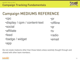 GAUGE | March 2012

Campaign Tracking Fundamentals


Campaign MEDIUMS REFERENCE
   •cpc                                                 •pr
   •display / cpm / content-text                        •ofﬂine
   •social                                              •qr
   •afﬁliate                                            •tv
   •feed                                                •radio
   •badge / widget                                      •email
   •app

Do not create mediums other than those listed unless carefully thought through and
shared with other team members.


                                                                                     58
 