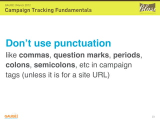 GAUGE | March 2012

Campaign Tracking Fundamentals




Don’t use punctuation
like commas, question marks, periods,
colons,...
