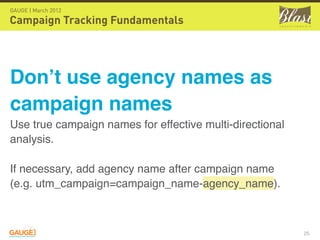GAUGE | March 2012

Campaign Tracking Fundamentals




Don’t use agency names as
campaign names
Use true campaign names fo...