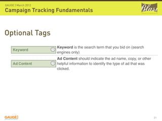 GAUGE | March 2012

Campaign Tracking Fundamentals



Optional Tags
                     Keyword is the search term that y...