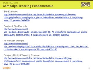 GAUGE | March 2012

Campaign Tracking Fundamentals
Site Examples
http://www.domain.com/?utm_medium=display&utm_source=yout...