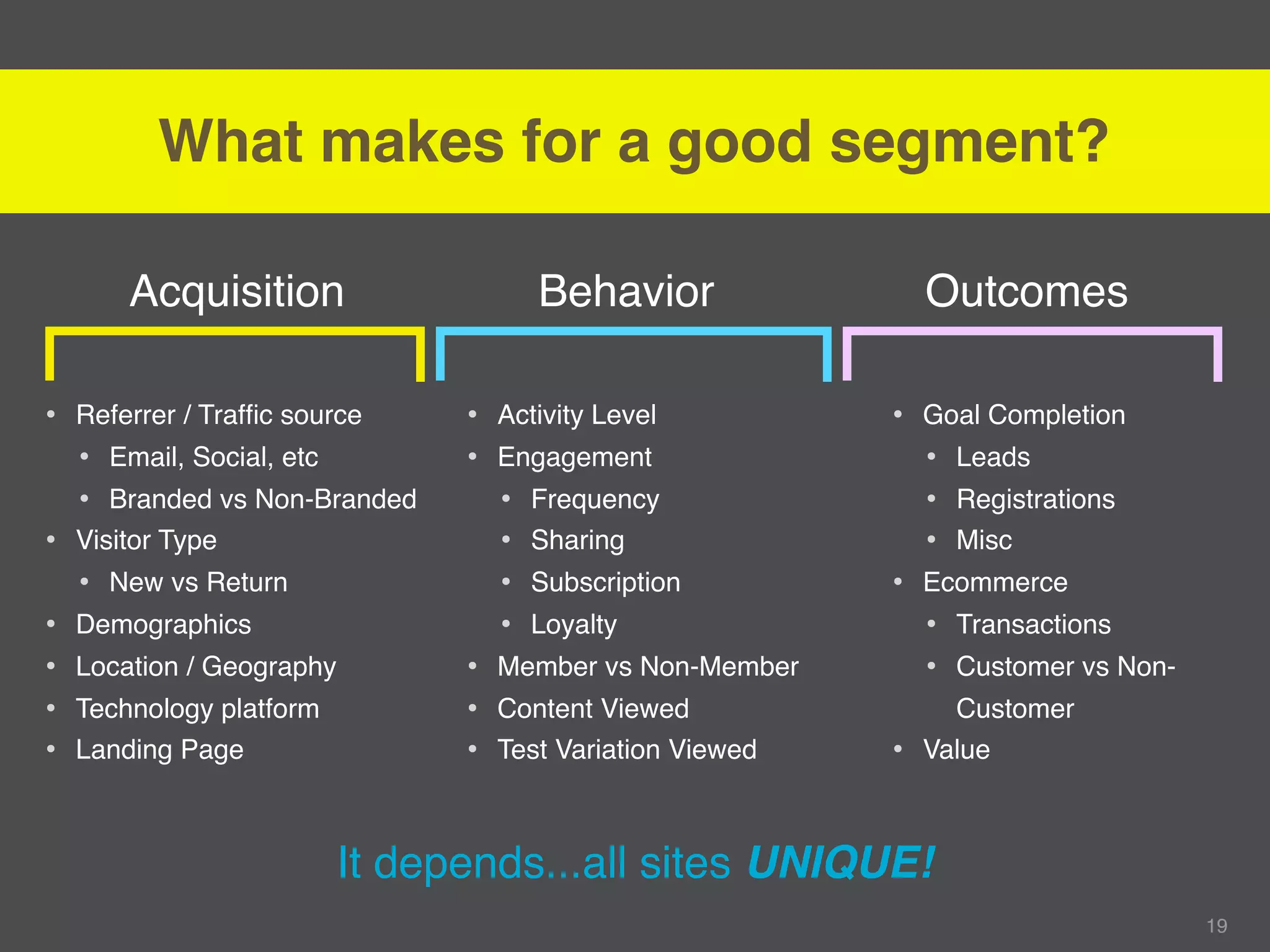 What makes for a good segment?

     Acquisition                 Behavior                  Outcomes

• Referrer / Trafﬁc source   • Activity Level          • Goal Completion
  • Email, Social, etc       • Engagement                • Leads
  • Branded vs Non-Branded     • Frequency               • Registrations
• Visitor Type                 • Sharing                 • Misc
  • New vs Return              • Subscription          • Ecommerce
• Demographics                 • Loyalty                 • Transactions
• Location / Geography       • Member vs Non-Member      • Customer vs Non-
• Technology platform        • Content Viewed                Customer
• Landing Page               • Test Variation Viewed   •   Value



                    It depends...all sites UNIQUE!
                                                                              19
 