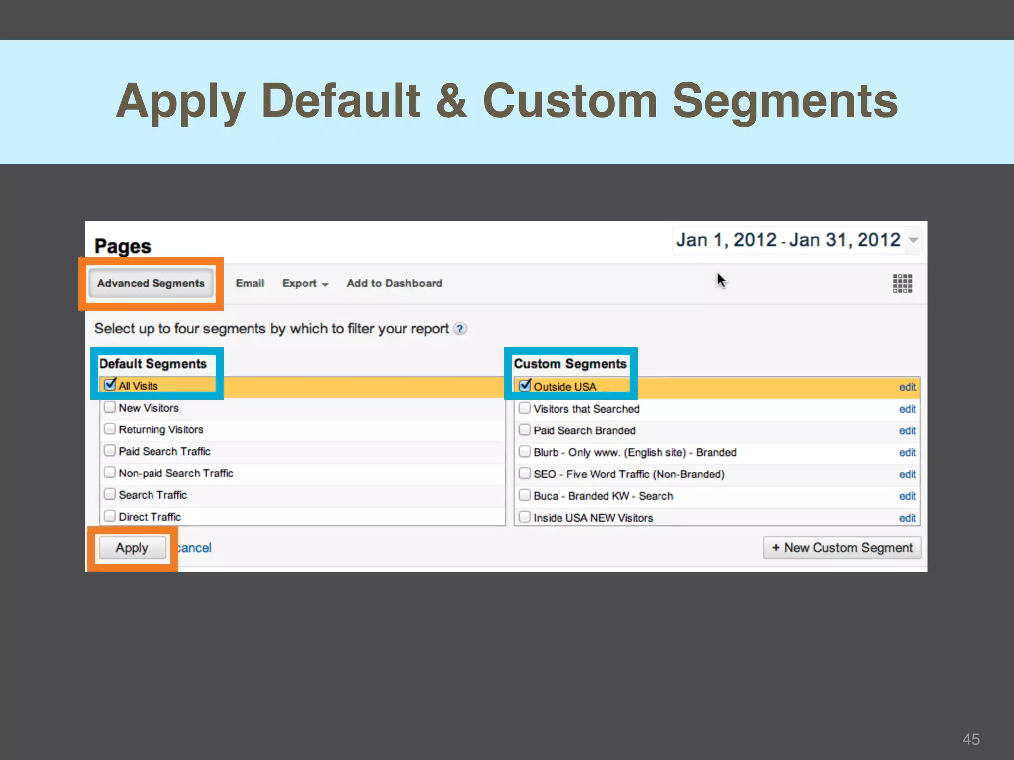 Apply Default & Custom Segments




                                  45
 