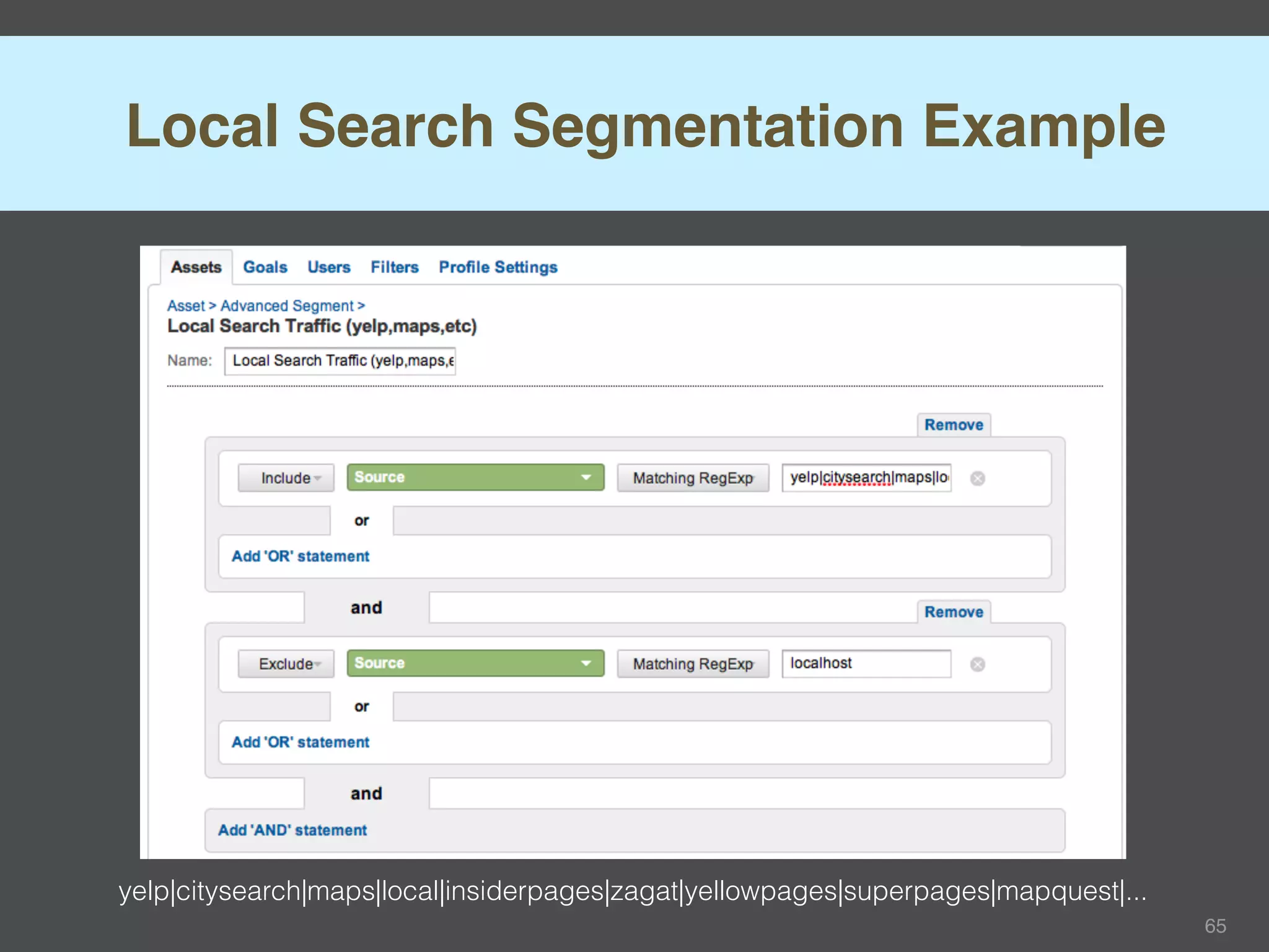 Local Search Segmentation Example




yelp|citysearch|maps|local|insiderpages|zagat|yellowpages|superpages|mapquest|...
                                                                                    65
 