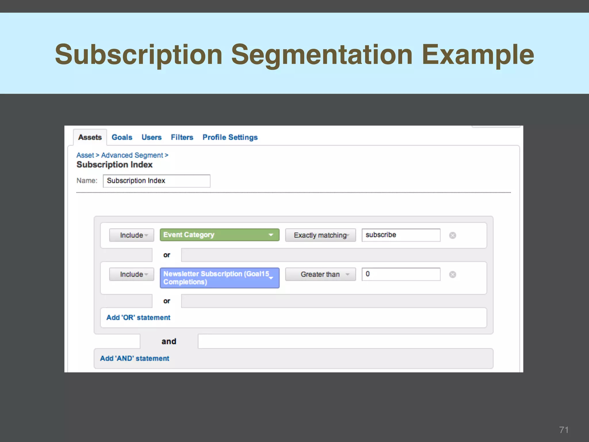 Subscription Segmentation Example




                                    71
 
