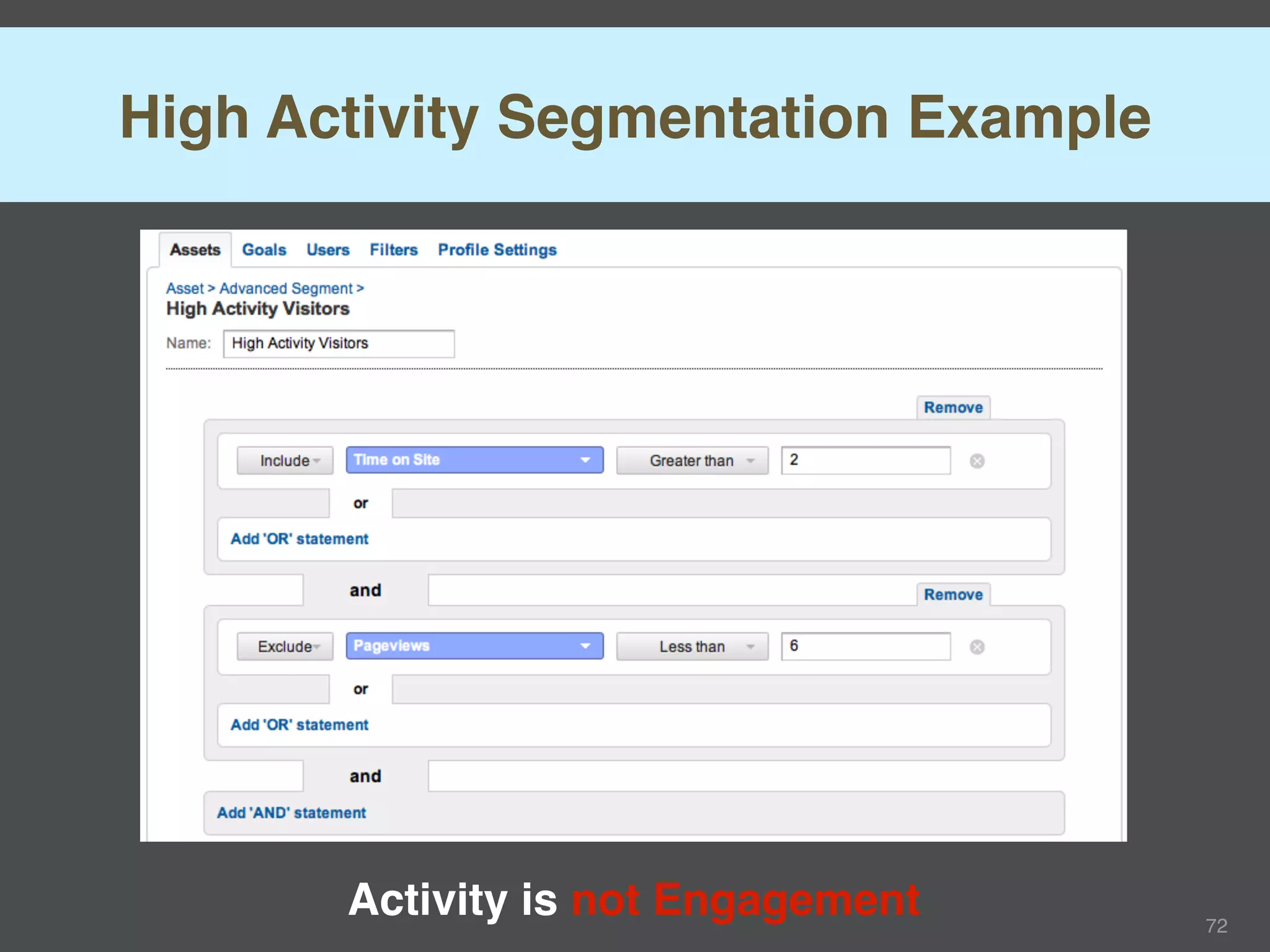 High Activity Segmentation Example




       Activity is not Engagement    72
 
