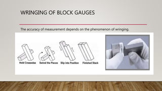 WRINGING OF BLOCK GAUGES
The accuracy of measurement depends on the phenomenon of wringing.
 