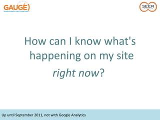 How can I know what's
              happening on my site
                  right now?


Up until September 2011, not with Google Analytics
 