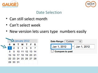 Date Selection
• Can still select month
• Can't select week
• New version lets users type numbers easily
 