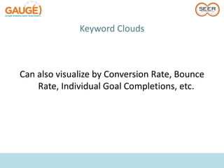 Keyword Clouds



Can also visualize by Conversion Rate, Bounce
    Rate, Individual Goal Completions, etc.
 