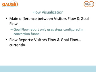 Flow Visualization
• Main difference between Visitors Flow & Goal
  Flow
  – Goal Flow report only uses steps configured in
    conversion funnel
• Flow Reports: Visitors Flow & Goal Flow…
  currently
 
