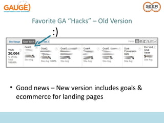 Favorite GA “Hacks” – Old Version
             :)




• Good news – New version includes goals &
  ecommerce for landing pages
 