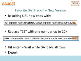 Favorite GA “Hacks” – New Version
• Resulting URL now ends with:



• Replace “25” with any number up to 20K



• Hit enter – Wait while GA loads all rows
• Export
 