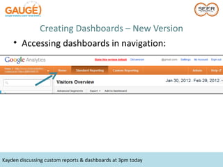 Creating Dashboards – New Version
    • Accessing dashboards in navigation:




Kayden discussing custom reports & dashboards at 3pm today
 