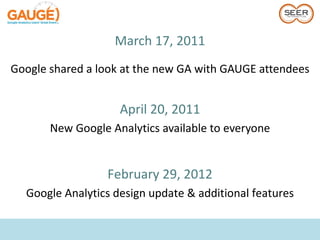 March 17, 2011
Google shared a look at the new GA with GAUGE attendees


                    April 20, 2011
       New Google Analytics available to everyone


                 February 29, 2012
  Google Analytics design update & additional features
 