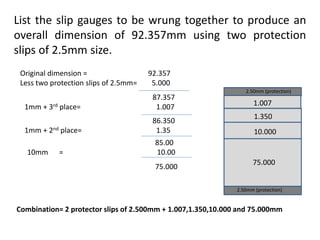 List the slip gauges to be wrung together to produce an
overall dimension of 92.357mm using two protection
slips of 2.5mm size.
Original dimension = 92.357
Less two protection slips of 2.5mm= 5.000
87.357
1mm + 3rd place= 1.007
86.350
1mm + 2nd place= 1.35
85.00
10mm = 10.00
75.000
2.50mm (protection)
2.50mm (protection)
1.007
1.350
10.000
75.000
Combination= 2 protector slips of 2.500mm + 1.007,1.350,10.000 and 75.000mm
 