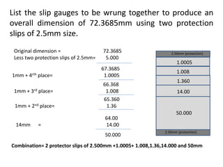 List the slip gauges to be wrung together to produce an
overall dimension of 72.3685mm using two protection
slips of 2.5mm size.
Original dimension = 72.3685
Less two protection slips of 2.5mm= 5.000
66.368
1mm + 3rd place= 1.008
65.360
1mm + 2nd place= 1.36
64.00
14mm = 14.00
50.000
2.50mm (protection)
2.50mm (protection)
1.008
1.360
14.00
50.000
Combination= 2 protector slips of 2.500mm +1.0005+ 1.008,1.36,14.000 and 50mm
67.3685
1mm + 4rth place= 1.0005
1.0005
 