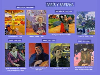 BRETAÑA III, 1889-1890
“Cristo amarillo”, 1889 “La bella Angèle”, 1889
“Autorretrato con paleta”,
1893-1894
“Autorretrato”, 1893-94
PARÍS, 1893-1895
“Mujer delante de una naturaleza
muerta de Cézanne”, 1890
PARÍS, 1889-1890
“Entre los Lirios”, 1893
“Campesinas bretonas”, 1894
BRETAÑA IV, 1893-1895
PARÍS, 1895-1901
Retrato de una mujer joven.
Vaite (Jeanne) Goupil. 1896
 