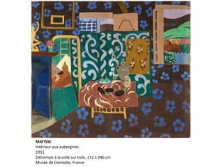 MATISSE
Intérieur aux aubergines
1911
Détrempe à la colle sur toile, 212 x 246 cm
Musée de Grenoble, France
 