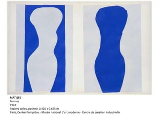 MATISSE
Formes
1947
Papiers collés, pochoir, 0.425 x 0.655 m
Paris, Centre Pompidou - Musée national d'art moderne - Centre de création industrielle
 