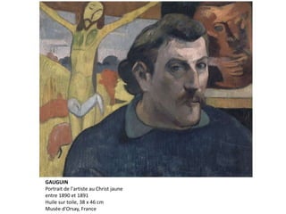 GAUGUIN
Portrait de l'artiste au Christ jaune
entre 1890 et 1891
Huile sur toile, 38 x 46 cm
Musée d'Orsay, France
 