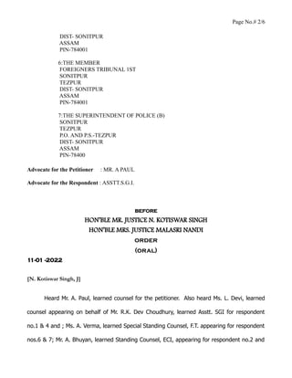 Page No.# 2/6
DIST- SONITPUR
ASSAM
PIN-784001
6:THE MEMBER
FOREIGNERS TRIBUNAL 1ST
SONITPUR
TEZPUR
DIST- SONITPUR
ASSAM
PI...
