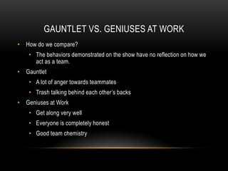 Destructive Things Done to Undermine someoneBLATANTThrowing team members into the GauntletPlans to throw matches in order to get rid of people on their own teamSUBTLEAlliances with two opponents without their knowledge of the other alliance (being “two-faced”)