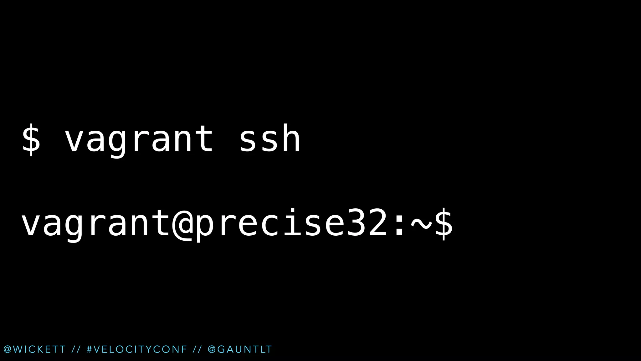 $ vagrant ssh
!

vagrant@precise32:~$

@ W I C K E T T / / # V E L O C I T Y C O N F / / @ G A U N T LT

 