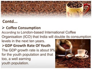 Contd...Competitive Strategy OptionsIt analyze a company's competitiveposition in comparison to the offerings of competitors just like Café coffee dayhas entered into a card acceptance partnership with American Express(AXP), to provide enhanced value and convenience to their mutual customers.