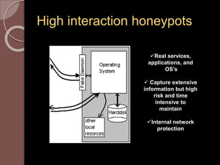 High interaction honeypots 
Real services, 
applications, and 
OS’s 
 Capture extensive 
information but high 
risk and time 
intensive to 
maintain 
Internal network 
protection 
 