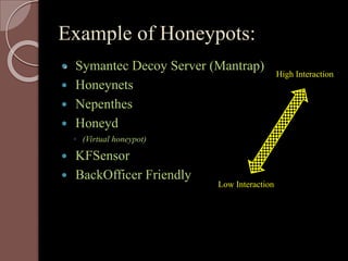 Example of Honeypots: 
 Symantec Decoy Server (Mantrap) 
 Honeynets 
 Nepenthes 
 Honeyd 
◦ (Virtual honeypot) 
 KFSensor 
 BackOfficer Friendly 
High Interaction 
Low Interaction 
 