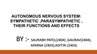 AUTONOMOUS NERVOUS SYSTEM:
SYMPATHETIC ,PARASYMPATHETIC ,
THEIR FUNCTIONS AND EFFECTS
BY :- SAURABH PATEL(2404) ,GAURAV(2404),
APARNA (2403),ADITYA (2403)
 