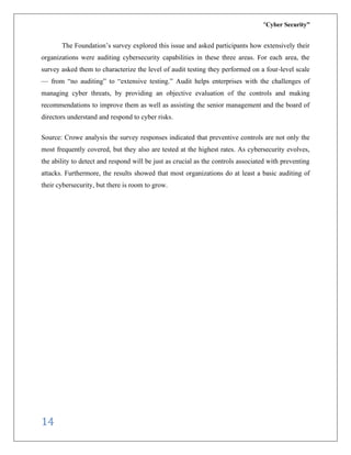 “Cyber Security”
14
The Foundation’s survey explored this issue and asked participants how extensively their
organizations were auditing cybersecurity capabilities in these three areas. For each area, the
survey asked them to characterize the level of audit testing they performed on a four-level scale
— from “no auditing” to “extensive testing.” Audit helps enterprises with the challenges of
managing cyber threats, by providing an objective evaluation of the controls and making
recommendations to improve them as well as assisting the senior management and the board of
directors understand and respond to cyber risks.
Source: Crowe analysis the survey responses indicated that preventive controls are not only the
most frequently covered, but they also are tested at the highest rates. As cybersecurity evolves,
the ability to detect and respond will be just as crucial as the controls associated with preventing
attacks. Furthermore, the results showed that most organizations do at least a basic auditing of
their cybersecurity, but there is room to grow.
 