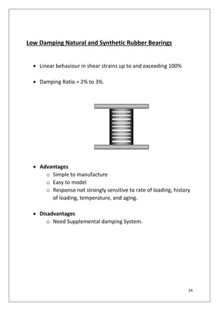 24
Low Damping Natural and Synthetic Rubber Bearings
 Linear behaviour in shear strains up to and exceeding 100%
 Damping Ratio = 2% to 3%.
 Advantages
o Simple to manufacture
o Easy to model
o Response not strongly sensitive to rate of loading, history
of loading, temperature, and aging.
 Disadvantages
o Need Supplemental damping System.
 