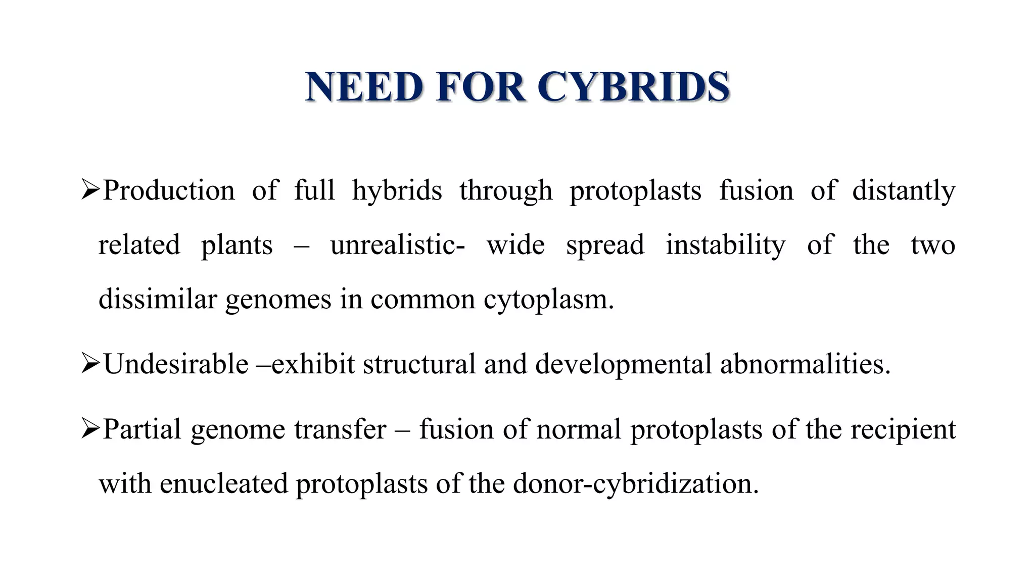 NEED FOR CYBRIDS
Production of full hybrids through protoplasts fusion of distantly
related plants – unrealistic- wide spread instability of the two
dissimilar genomes in common cytoplasm.
Undesirable –exhibit structural and developmental abnormalities.
Partial genome transfer – fusion of normal protoplasts of the recipient
with enucleated protoplasts of the donor-cybridization.
 