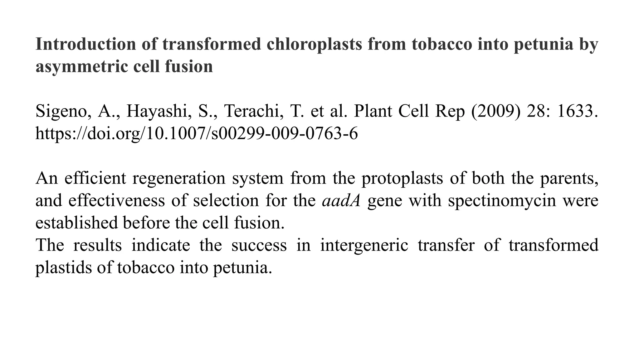 Introduction of transformed chloroplasts from tobacco into petunia by
asymmetric cell fusion
Sigeno, A., Hayashi, S., Terachi, T. et al. Plant Cell Rep (2009) 28: 1633.
https://doi.org/10.1007/s00299-009-0763-6
An efficient regeneration system from the protoplasts of both the parents,
and effectiveness of selection for the aadA gene with spectinomycin were
established before the cell fusion.
The results indicate the success in intergeneric transfer of transformed
plastids of tobacco into petunia.
 