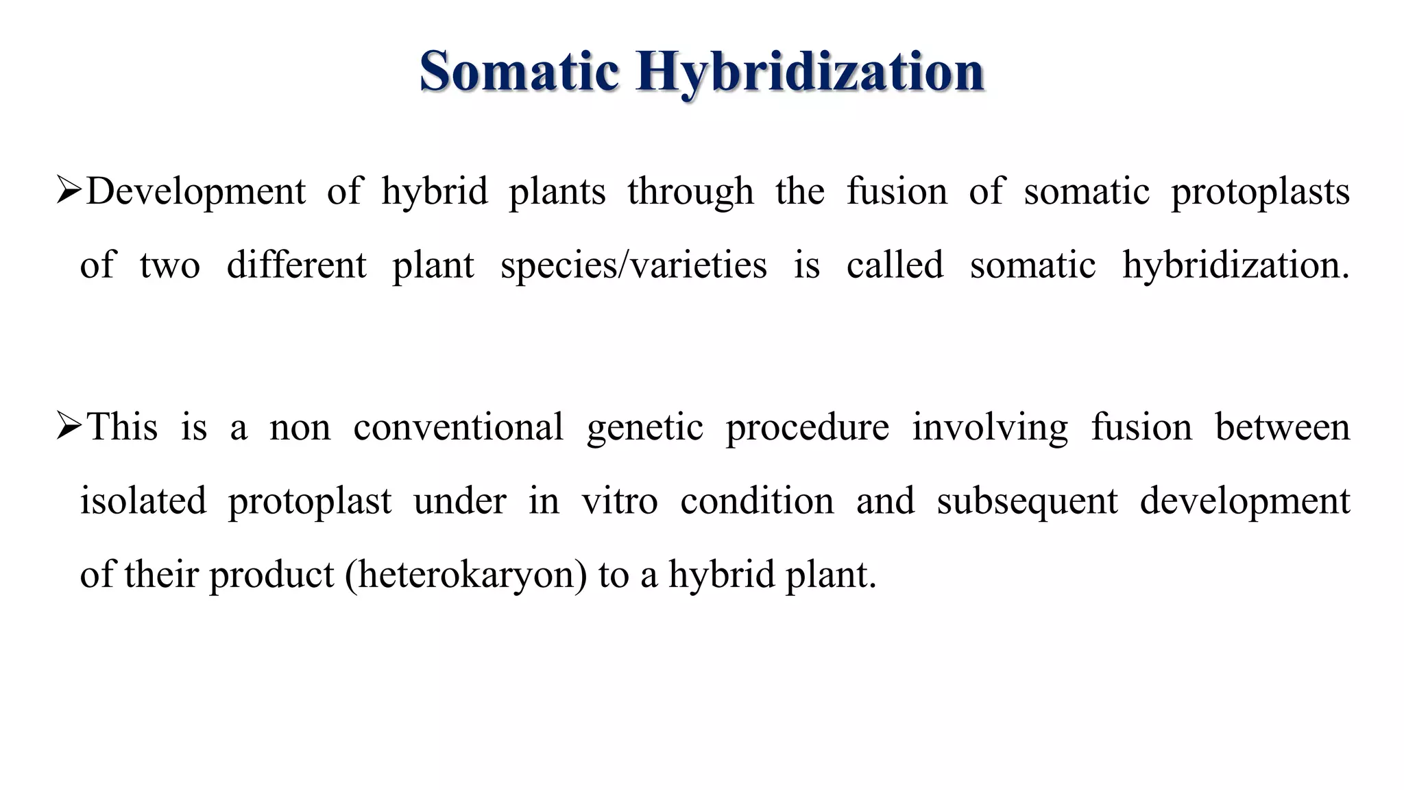 Somatic Hybridization
Development of hybrid plants through the fusion of somatic protoplasts
of two different plant species/varieties is called somatic hybridization.
This is a non conventional genetic procedure involving fusion between
isolated protoplast under in vitro condition and subsequent development
of their product (heterokaryon) to a hybrid plant.
 