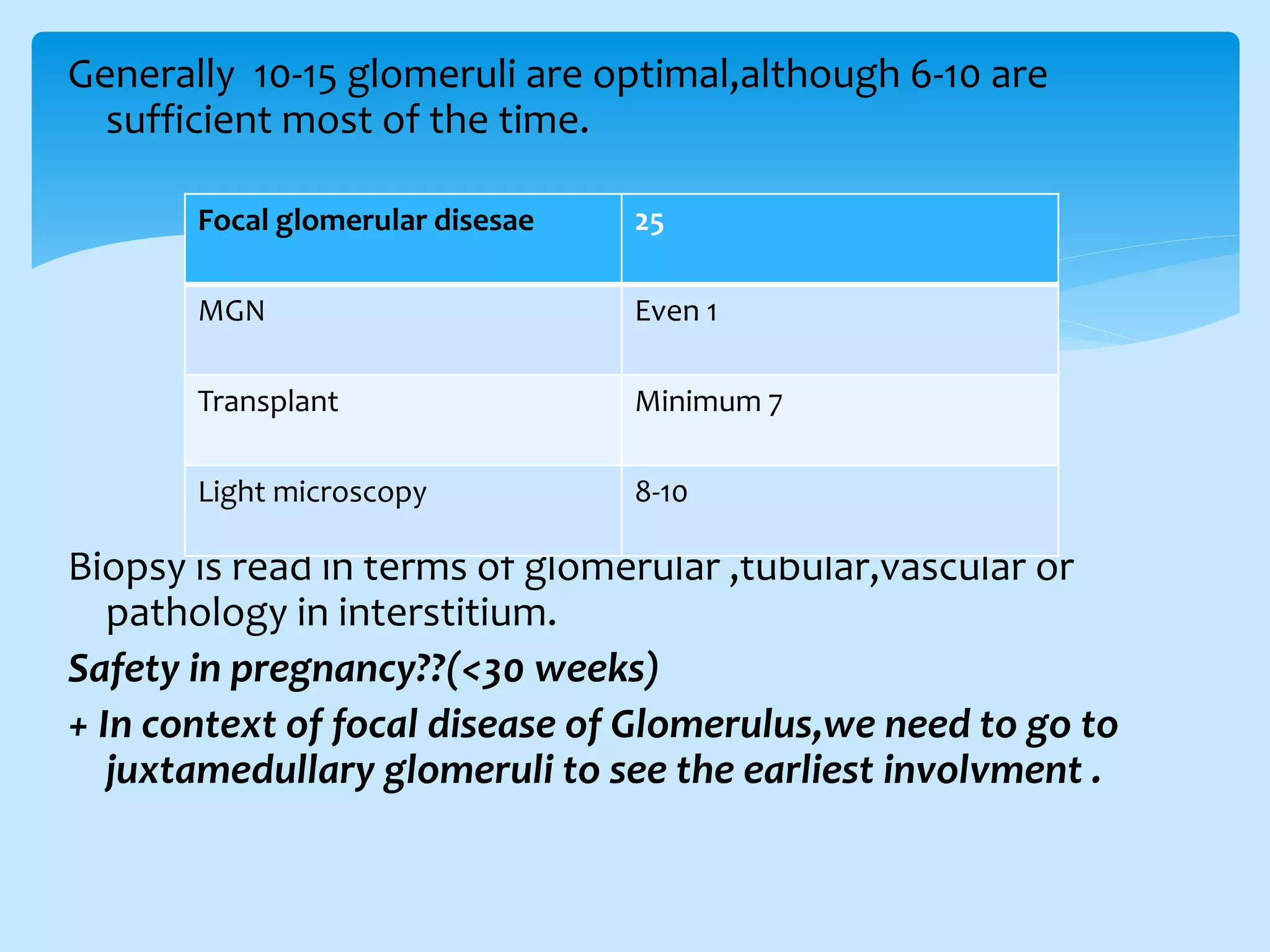 Generally 10-15 glomeruli are optimal,although 6-10 are
sufficient most of the time.
Biopsy is read in terms of glomerular ,tubular,vascular or
pathology in interstitium.
Safety in pregnancy??(<30 weeks)
+ In context of focal disease of Glomerulus,we need to go to
juxtamedullary glomeruli to see the earliest involvment .
Focal glomerular disesae 25
MGN Even 1
Transplant Minimum 7
Light microscopy 8-10
 